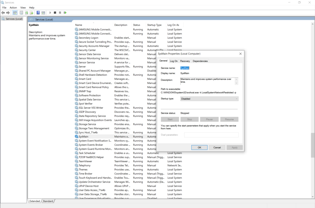 Sysmain Check Status Using Services Management-console